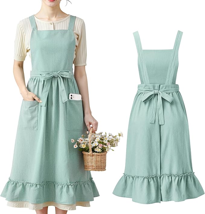 100% Cotton Aprons with Pockets Pinafore Dress for Women Vintage Cute Aprons for Kitchen Baking Gardening Painting