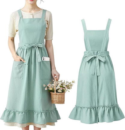 100% Cotton Aprons with Pockets Pinafore Dress for Women Vintage Cute Aprons for Kitchen Baking Gardening Painting
