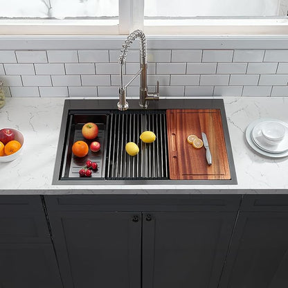 KINGO HOME 33x22 Double Bowl Kitchen Sink 33 Inch Black, Stainless Steel Drop in Double Basin Kitchen Sinks, Topmonut 50/50 Framhouse Sinks Workstation Sink with Accessories