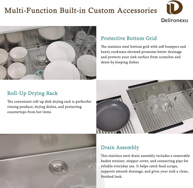 32x19 Undermount Kitchen Sink, Delironexu 32 Inch Undermount Sink, 16 Gauge 304 Stainless Steel Single Bowl Kitchen Sink with Accessories