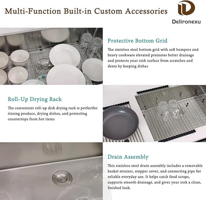 32x19 Undermount Kitchen Sink, Delironexu 32 Inch Undermount Sink, 16 Gauge 304 Stainless Steel Single Bowl Kitchen Sink with Accessories