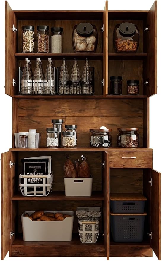DMAITH 71" Kitchen Pantry Cabinets with Microwave Stand, 6 Doors & 3 Adjustable Shelves, Freestanding China Cabinet Hutch, Buffet Cabinet with Storage, Walnut
