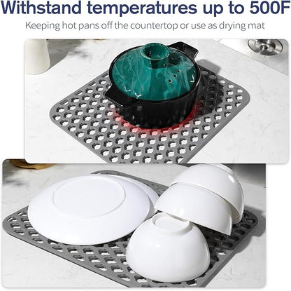 Snuggery 2PCS Silicone Sink Protector 12"x14" Rear Drain Hole, Heat Resistant Non-slip Dishwasher Suitable, Large Mat for Bottom of Farmhouse Kitchen Stainless Steel Sink
