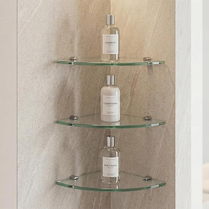 Kingrol 3 Pack Glass Bathroom Shower Shelves, Extra Thick Wall Mounted Shelves, Clear Floating Corner Shelves for Kitchen, Bathroom, Living Room, Office