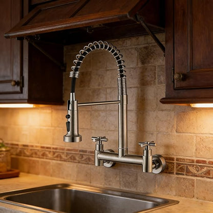 Wall Mount Faucet 8 Inch Center, with Pull Down Sprayer, Commercial Mixer Tap, High Arc Dual Handle Spring Kitchen Sink Faucets