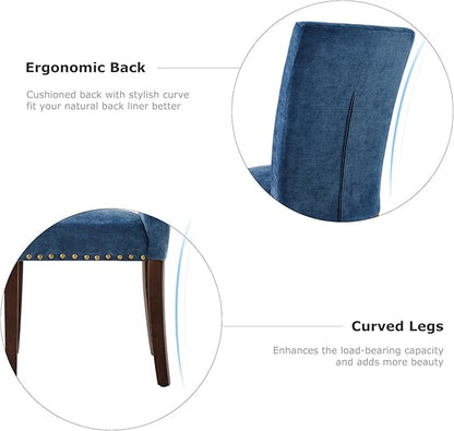 COLAMY Upholstered Parsons Dining Chairs Set of 2, Fabric Dining Room Kitchen Side Chair with Nailhead Trim and Wood Legs - Dark Blue