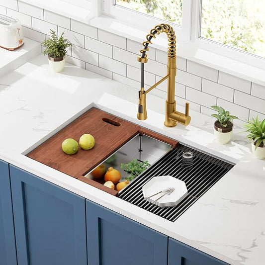30-inch Workstation Undermount Kitchen Sink - CELAENO Handmade Stainless Steel Kitchen Sink 18 Gauge with Ledge, R10 Radius Corners Single Bowl Kitchen Sinks is equipped with various accessories