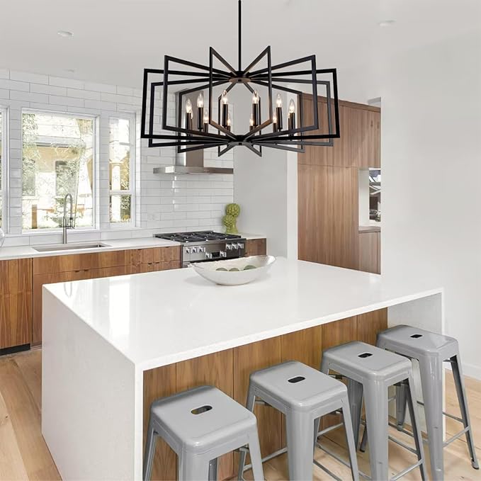 Black Chandelier for Dining Room,12-Light Dining Room Light Fixture Modern Geometric Metal Hanging Industrial Chandeliers for Entryway Kitchen Island Foyer Farmhouse Chandeliers