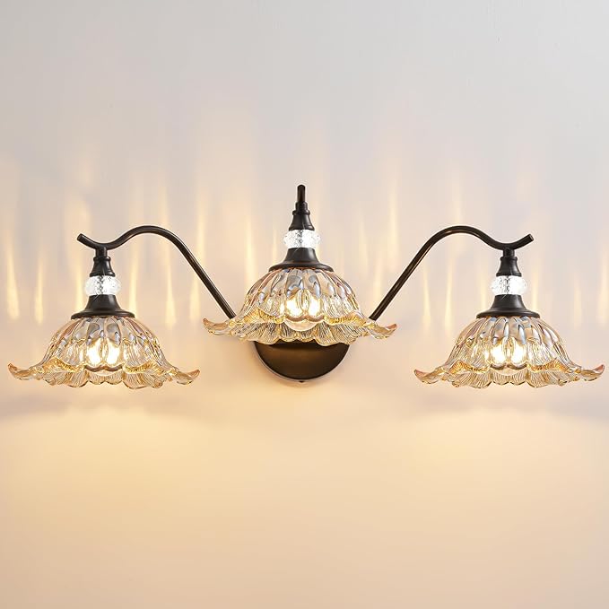 Vintage Bathroom Vanity Light Fixtures - 3 Light Antique Matte Black Bathroom Lights Fixture Over Mirror with Amber Flower Glass,Retro High End Wall Mounted Vanity Lighting for Bath Powder Room