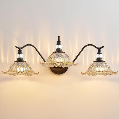 Vintage Bathroom Vanity Light Fixtures - 3 Light Antique Matte Black Bathroom Lights Fixture Over Mirror with Amber Flower Glass,Retro High End Wall Mounted Vanity Lighting for Bath Powder Room