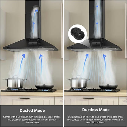 Range Hood 30 inch, 450 CFM Wall Mount Kitchen Hood in Cold Steel with Black Powder Coating Finish, LED Lighting, 3 Speed Exhaust Fan, Ducted/Ductless Convertible (Charcoal Filters Included)