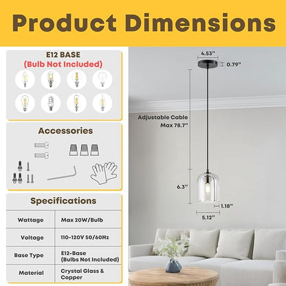 2 Pack Pendant Light for Kitchen Island, Modern Crystal Modern Pendant Lights, Black Pendant Light in Kitchen Island, E12 Bulb Indoor Island Pendant Lights, for DiningRoom,Living Room,Bedroom