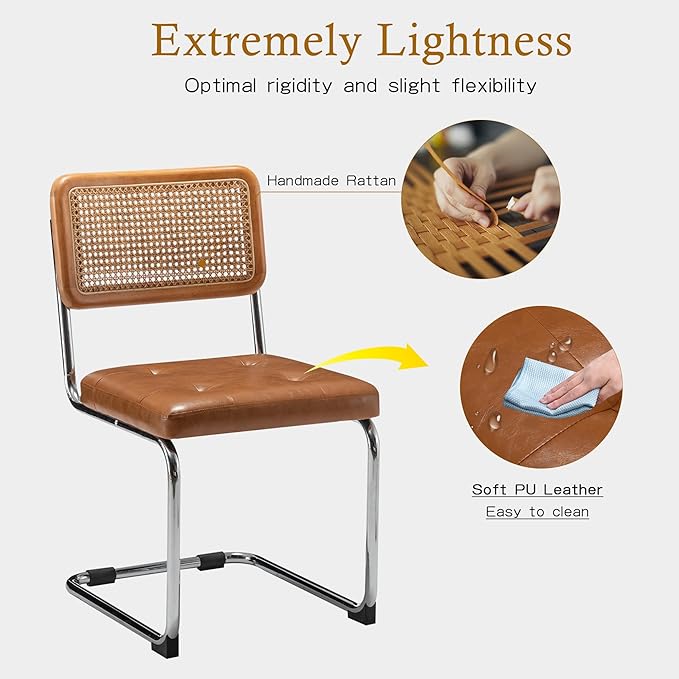 Alunaune Modern Mid Century Brown Dining Chairs Set of 4, Upholstered Natural Rattan Kitchen Chairs, Armless Accent Chair Side Chairs with Metal Chrome Legs for Bedroom Living Room-PU Seat