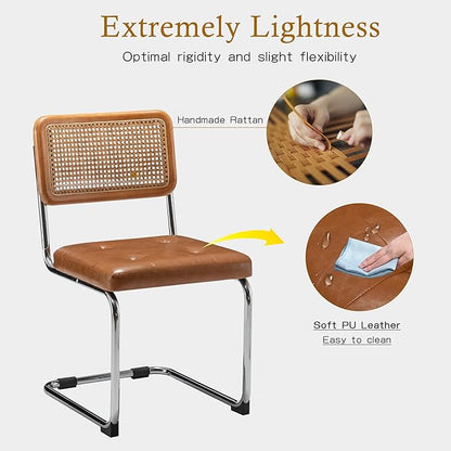 Alunaune Modern Mid Century Brown Dining Chairs Set of 4, Upholstered Natural Rattan Kitchen Chairs, Armless Accent Chair Side Chairs with Metal Chrome Legs for Bedroom Living Room-PU Seat