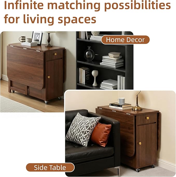 Small Drop Leaf Table - 51" Fully Assembled Folding Dining Table 4-6 Seater with Storage and Lockable Wheels, Space-Saving for Kitchen or Dining Room (Walnut)