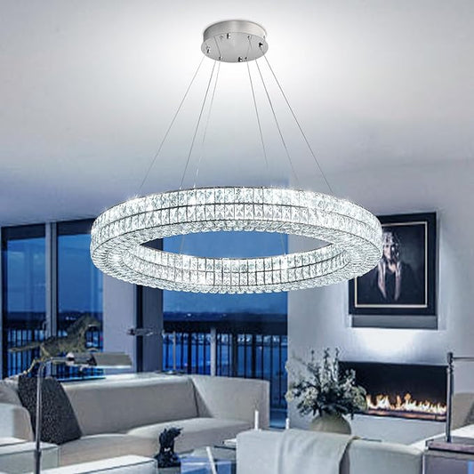 Modern Luxury Crystal Chandelier for Dining Room 32" LED Ring Pendant Light Adjustable Dimmable 2700k-6000k