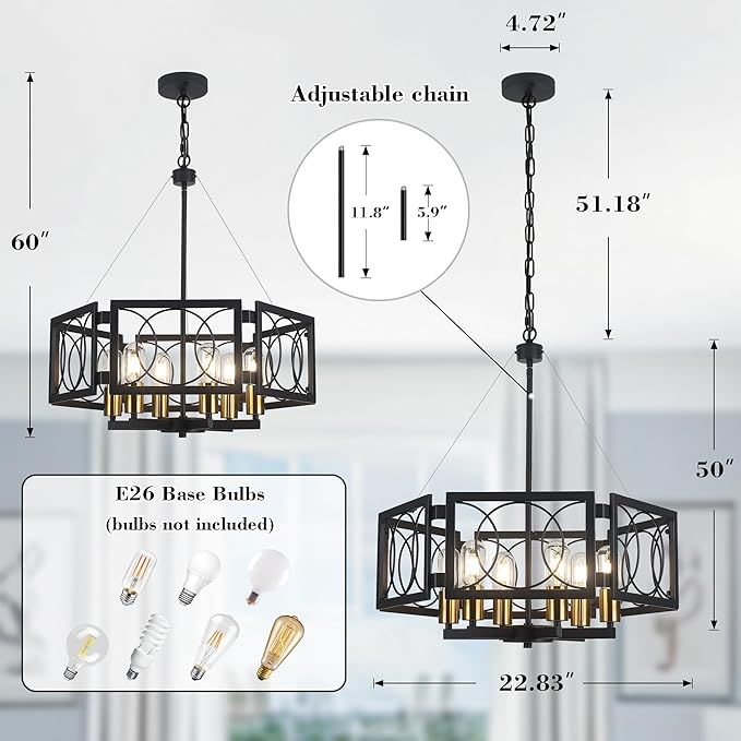 Modern Farmhouse Chandelier- 22.8" Large Pendant Light Fixture Vintage Industrial Metal Light for Dining Room Living Room Kitchen Island Foyer (Black Gold, 6 Lights)