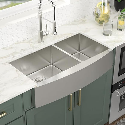 Logmey 36 Inch Double Bowl Farmhouse Kitchen Sink 36x20x9 Inch 60/40 Farm Apron Front Nano Coating Stainless Steel 16 Gauge Handmade Undermount Kitchen Sink
