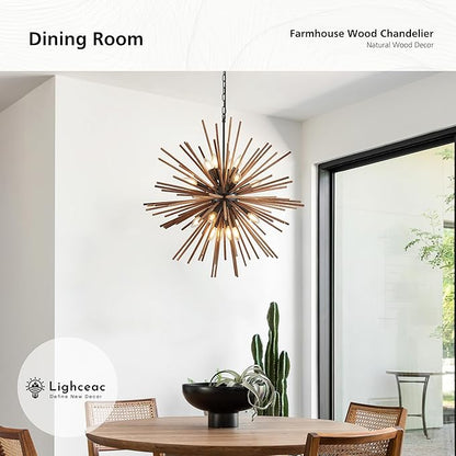 31.3" Farmhouse Sputnik Chandelier for Dining Room Rustic Handmade Natural Wood 16-Light Hanging Ceiling Pendant Light Fixture Starburst Wood Chandeliers for Kitchen Bedroom Foyer Hallway