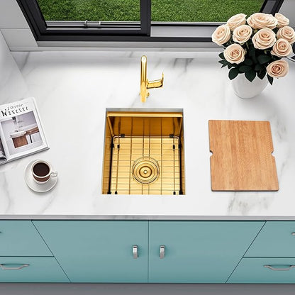 15 Inch Gold Sink Undermount, 16 Gauge 304 Stainless Steel Workstaion Kitchen Sinks with Ledge & Accessories, 15" x 17" x10" Deep Bowl For Outdoor, RV,Prep Sink, and Wet Bar