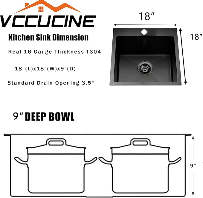 VCCUCINE 18x18 Inch Gunmetal Black Bar Sink Drop in,18 Inch Topmount RV Small Kitchen Sink, Handmade Stainless Steel Wet Bar Sink, Outdoor Single Bowl Prep Sink with Drain
