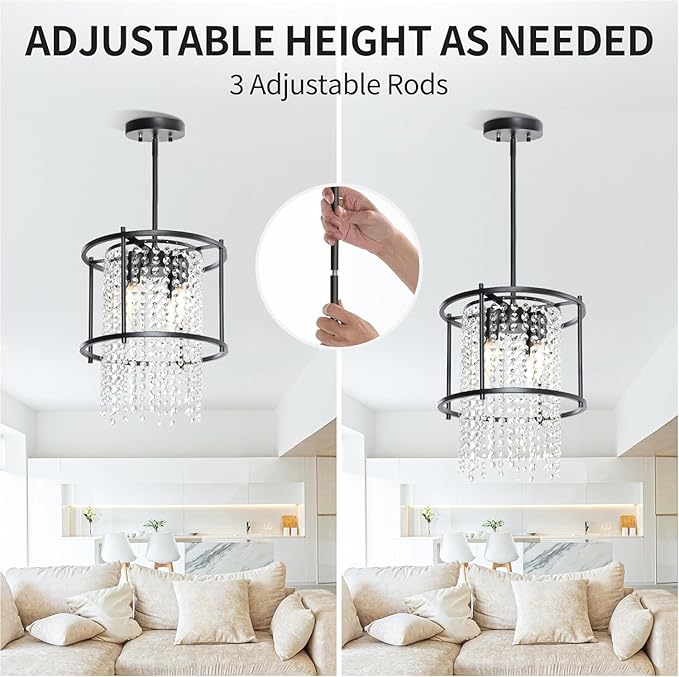YITAHOME 4-Light Dining Room Crystal Light Fixture, 11.8 inch Round Farmhouse Chandelier Black Metal Pendant Light for Kitchen Island Dining Room Living Room