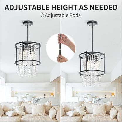 YITAHOME 4-Light Dining Room Crystal Light Fixture, 11.8 inch Round Farmhouse Chandelier Black Metal Pendant Light for Kitchen Island Dining Room Living Room