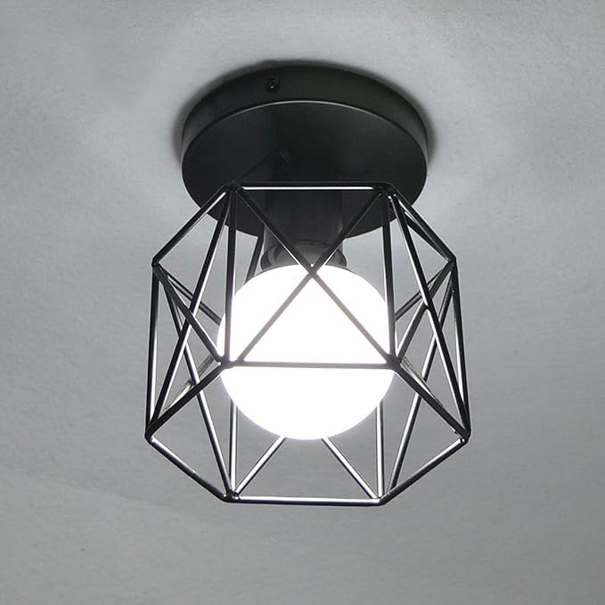 E26 E27 Retro Black Industrial Light Fixture,Vintage Flush Mount Ceiling Light,Mini Metal Rustic Ceiling Lamp for Porch Hallway,Kitchen,Stairway,Farmhouse Light