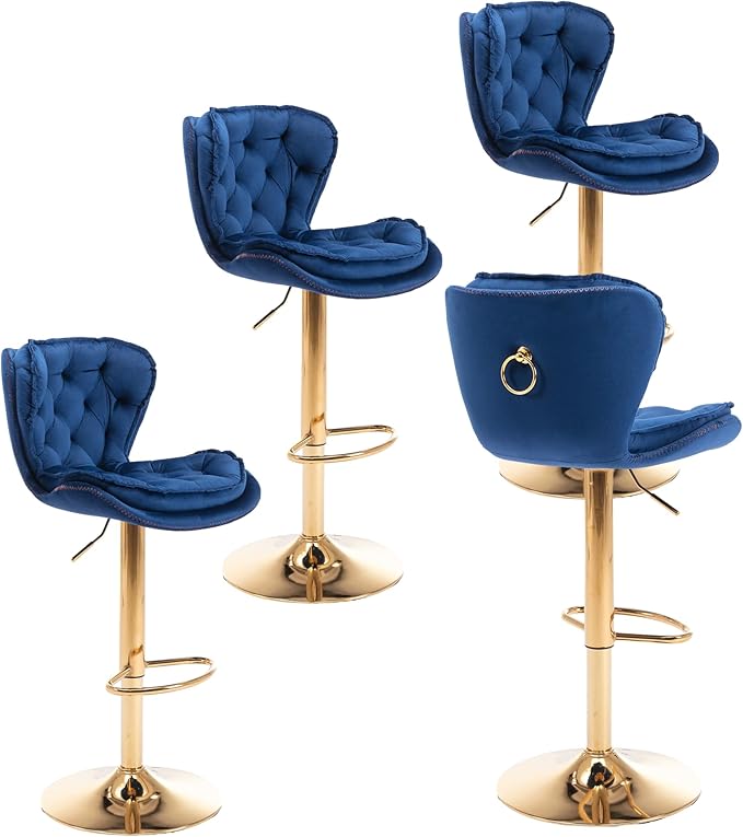 Rhomtree 24-33 Inch Swivel Bar Stools, Adjustable Counter Height Barstools, Velvet Tufted Back and Golden Footrest, Bar Chairs for Kitchen Island, Cafe, Bar, Bar Counter, Coffee(Navy Blue Set of 4)