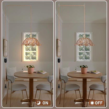 Plug in Pendant Light Fixtures,Hanging Light Fixture Amber Glass Pendant Light 10.6in E26 Pendant Lighting for Kitchen Island, Bedroom, Dining Room, Living Room 2pack