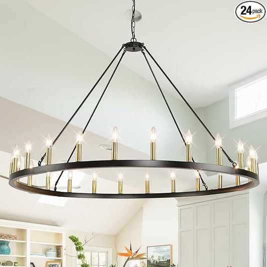24-Lights 54" Extra Large Wagon Wheel Chandelier Farmhouse, Black and Gold Chandelier for High Ceilings, Rustic Chandeliers for Dining Room, Kitchen Island, Living Room, Foyer, Entryway