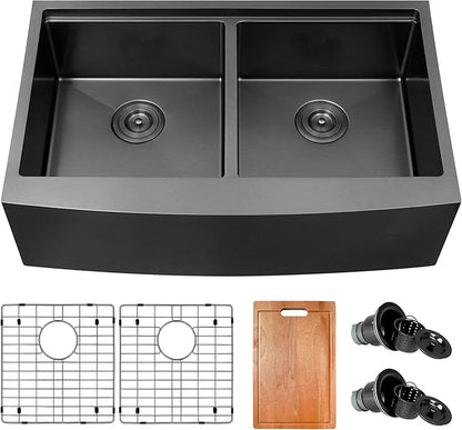 Black Farmhouse Sink 33" X 20",Black Kitchen Sink Double Bowl,33 inch Apron-Front Farmhouse Workstation Sinks,16 Gauge Stainless Steel Double Kitchen Sink