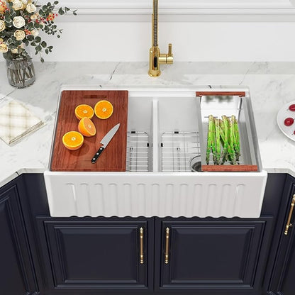 33 White Farmhouse Kitchen Sink Double Bowl - Kichae 33" x 20" Ledge Workstation Fluted Apron Front Ceramic Porcelain Farm Sinks Single Bowl