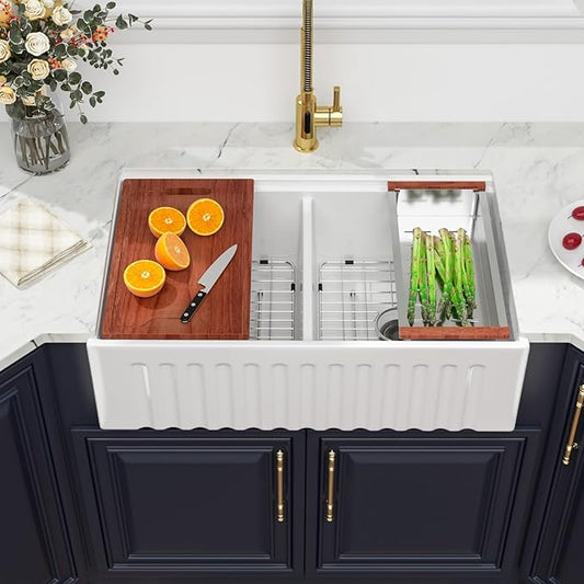 33 White Farmhouse Kitchen Sink Double Bowl - Kichae 33" x 20" Ledge Workstation Fluted Apron Front Ceramic Porcelain Farm Sinks Single Bowl