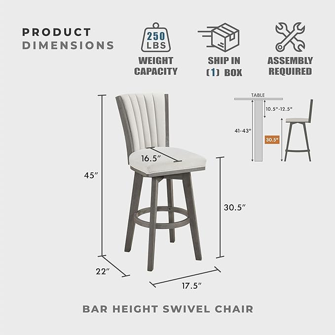 Lexicon Swivel Bar Stools Set of 2, Wood Frame Bar Height Stools with Footrest and Back, for Kitchen Island, Dining Room, 30.5" SH, Grey Finish and Thick Beige Velvet Cushion Seat