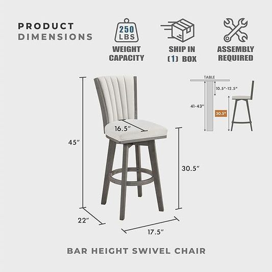 Lexicon Swivel Bar Stools Set of 2, Wood Frame Bar Height Stools with Footrest and Back, for Kitchen Island, Dining Room, 30.5" SH, Grey Finish and Thick Beige Velvet Cushion Seat