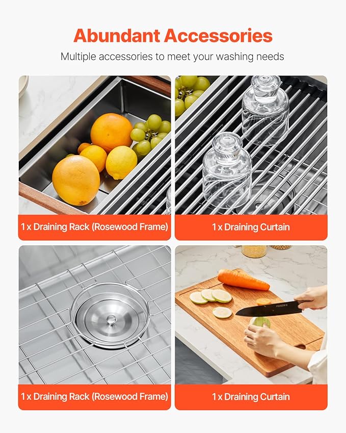 VEVOR 33 inch Kitchen Double Sink, 304 Stainless Steel Undermount Sink Drop-In Single Bowl Farmhouse Basin with Ledge & Multiple Accessories, Household Dishwasher Sinks for Prep Kitchen, Bar 33"*19"
