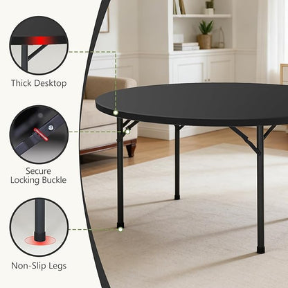 60" Folding Round Table, Plastic Dinner Table, Portable Folding Banquet Table for Living Room, Party or Outdoor Event, Black