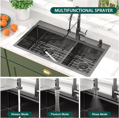 33"x19" Drop In Kitchen Sink - Double Bowl Workstation Black Kitchen Sink with Faucet 16 Gauge Stainless Steel Topmount Double Bowl 60/40 Split Over Mount Sinks Round Corner #TLT-0028