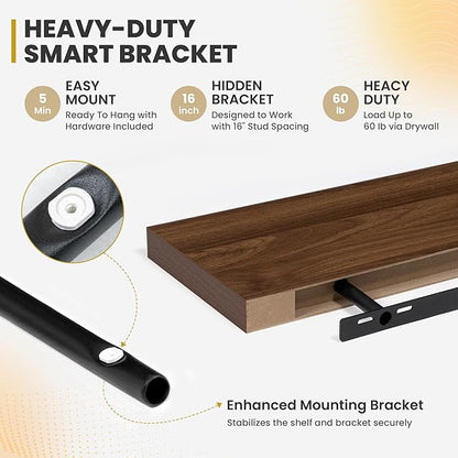 Acovy 36 Inch Floating Shelves, 9.3" Deep Floating Shelf Wall Mounted, 36" Wall Shelves, Rustic Deep Bookshelf, Large Display Shelves & Storage Shelves for Bedroom, Living Room, Walnut, Set of 2