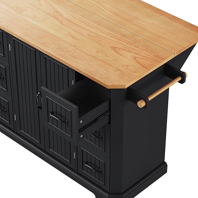 Ball & Cast 56" Large Kitchen Island with Drop Leaf and Power Outlet,Rolling Kitchen Cart on 4 Wheels W/ 6 Drawers,Folding Storage Dining Table W/Spice & Towel Rack,for Kitchen,Dining Room,Black