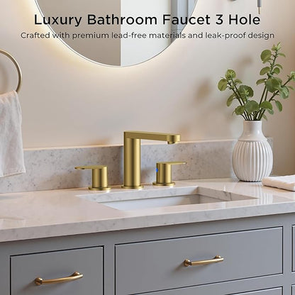 QFN Brushed Gold Bathroom Faucets 3 Hole, 8 inch Widespread Bathroom Faucet with Pop Up Drain and 24" cUPC Supply Hoses, Lead-Free Two Handles Suitable for 6-12 Inch RV, Restroom, Vanity Sink
