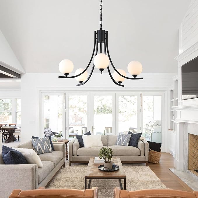 Modern Sputnik Chandelier for Dining Room Black Farmhouse Chandelier Glass Globe Dining Room Light Fixtures Mid Century White Glass Chandelier for Living Room Bedroom Kitchen Island Foyer