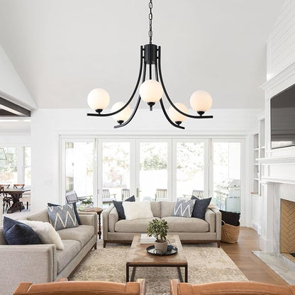 Modern Sputnik Chandelier for Dining Room Black Farmhouse Chandelier Glass Globe Dining Room Light Fixtures Mid Century White Glass Chandelier for Living Room Bedroom Kitchen Island Foyer