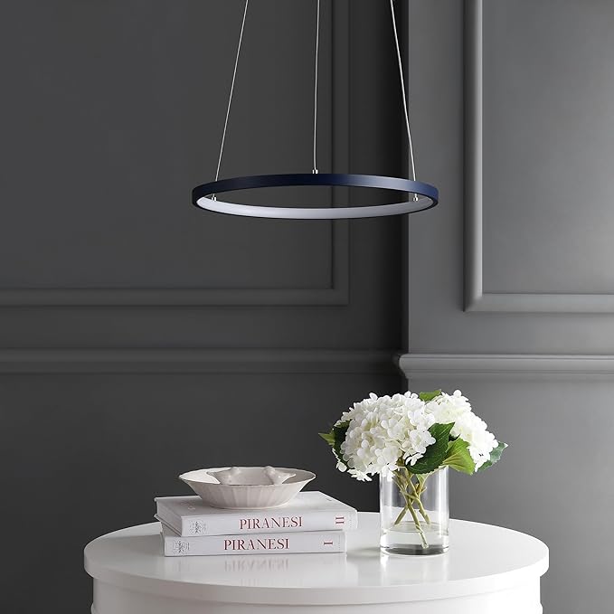JONATHAN Y 15.75" Navy Modern Integrated LED Pendant Light, Dimmable Round Hoop Chandelier for Kitchen Island, Dining Room, Adjustable Height Metal Hanging Light (JYL7202F)