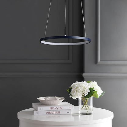 JONATHAN Y 15.75" Navy Modern Integrated LED Pendant Light, Dimmable Round Hoop Chandelier for Kitchen Island, Dining Room, Adjustable Height Metal Hanging Light (JYL7202F)