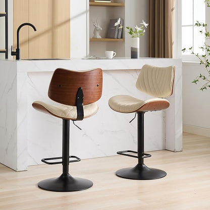 Walnut Bar Stools Adjustable Counter Height Black Leather Upholstered 360°Swivel Bar Chairs for Kitchen Island,Dining Room,Cafe,Beige,Set of 2