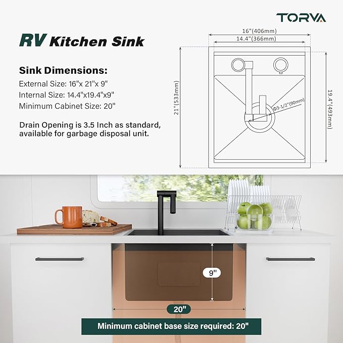 TORVA RV Kitchen Sink, 16 x 21 x 9 Inch Undermount Bar Sink 16 Gauge Stainless Steel Single Bowl Sink with Faucet Cutting Board, Dark Grey