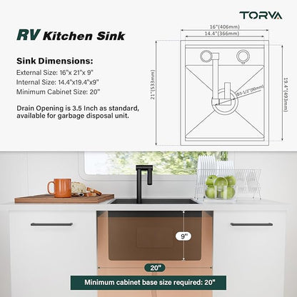 TORVA RV Kitchen Sink, 16 x 21 x 9 Inch Undermount Bar Sink 16 Gauge Stainless Steel Single Bowl Sink with Faucet Cutting Board, Dark Grey