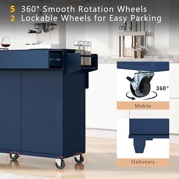 53.2'' Rolling Kitchen Island Cart with Drop Leaf and Adjustable Shelves,Spice Rack, Towel Rack and 2 Drawers,for Kitchen Living Room Dining Room (Navy Blue@u)